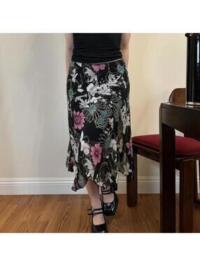 Vintage Midi Skirt Size Large Black Fairy Floral Handkerchief Hem by Luna chix